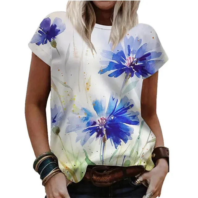 Short sleeve T-shirt with plant and flower print, O-neck and loose fit for women