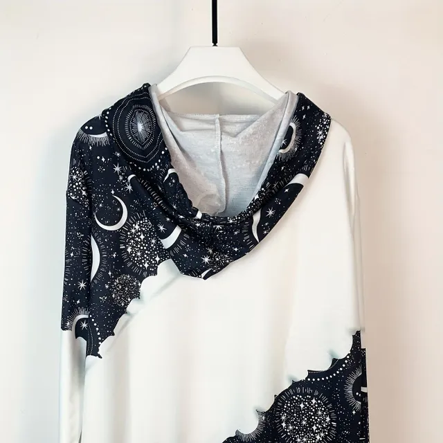 Women's hoodie with hood, colourful moon and stars print, drawstring