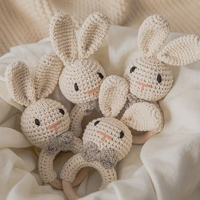 Hooked rattle in the form of a brown bunny - cute design impresses the baby, Built-in bells ring when swinging