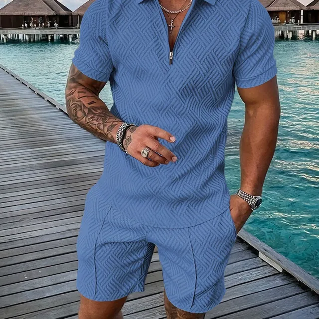 Mužský 2dílný sada - Ležérní košile s krátkým rukávem a límečkem a šortky na šňůrku