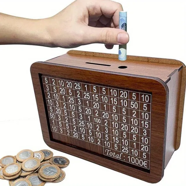 Wooden money box for banknotes and coins with a ticking area with coin amounts