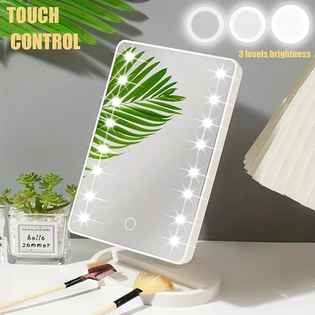 Oglindă cosmetică iluminată, pătrată, alimentată cu baterii și USB, alimentare duală, control tactil, lumină reglabilă, portabilă, pentru masă în dormitor și cămin