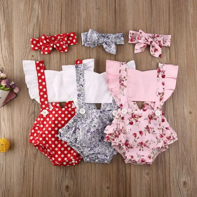 Children's overall with ruffles and floral pattern + headband