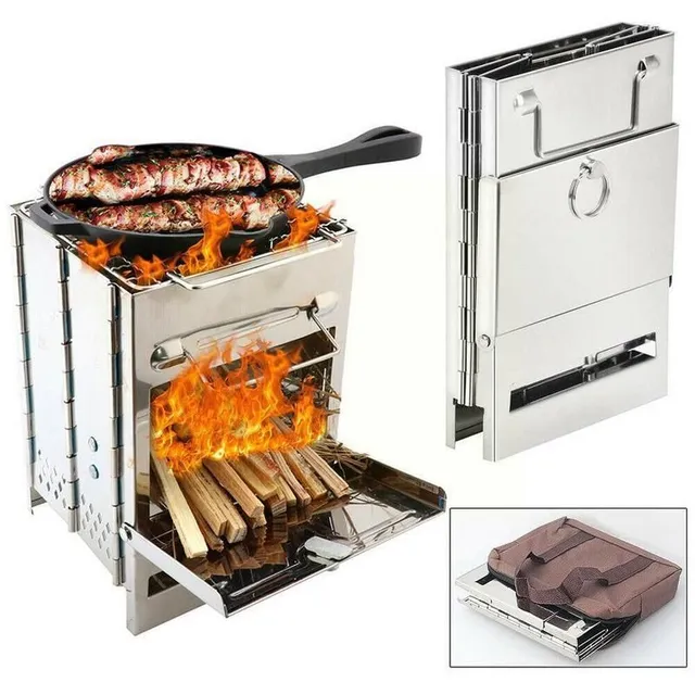 Folding wood grill - Stainless steel camping stove with barbecue for picnic in the garden
