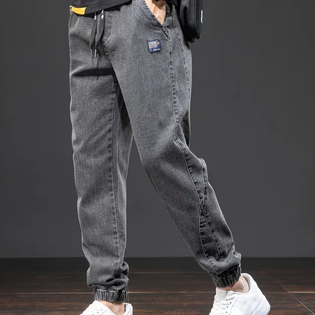 Men's denim joggers with pockets, comfortable string cotton pants for leisure and outdoor activities