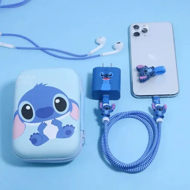 Protective cover for headphones and charger with cover and cable clips in Stitch theme