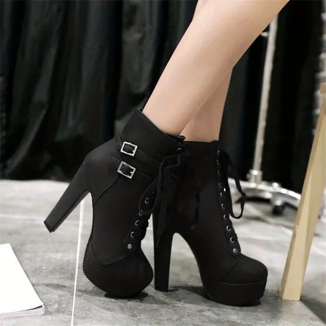 Women's ankle boots on block heel with lace, single color, fashionable and comfortable