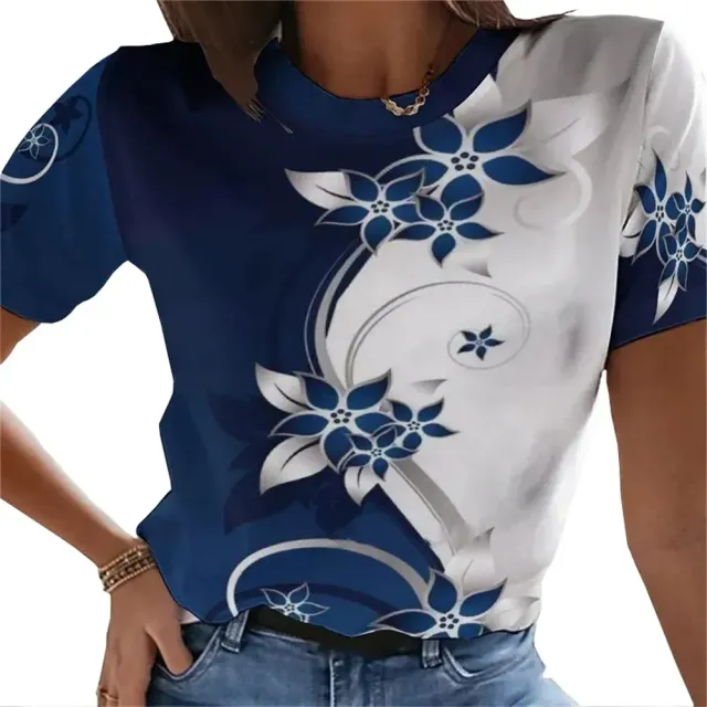 Short sleeve T-shirt with plant and flower print, O-neck and loose fit for women