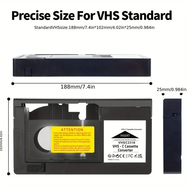 Adapter for converting VHS-C cartridges: From VHS to VHS-C (non compatible with MiniDV/Hi8)