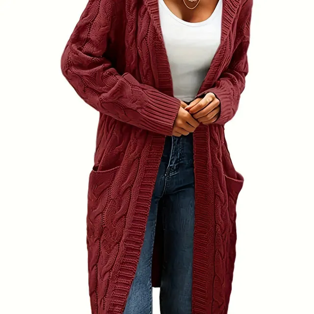 Cardigan da donna con cappuccio con motivo a cavi, maniche lunghe, lunghezza media, tasche - tinta unita