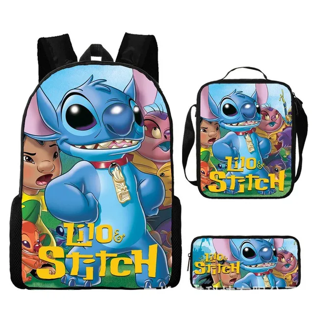 Set pentru copii cu 3 piese școlare cu motivele personajelor animate preferate Lilo și Stitch Rucsac / Geantă peste umăr / Penar