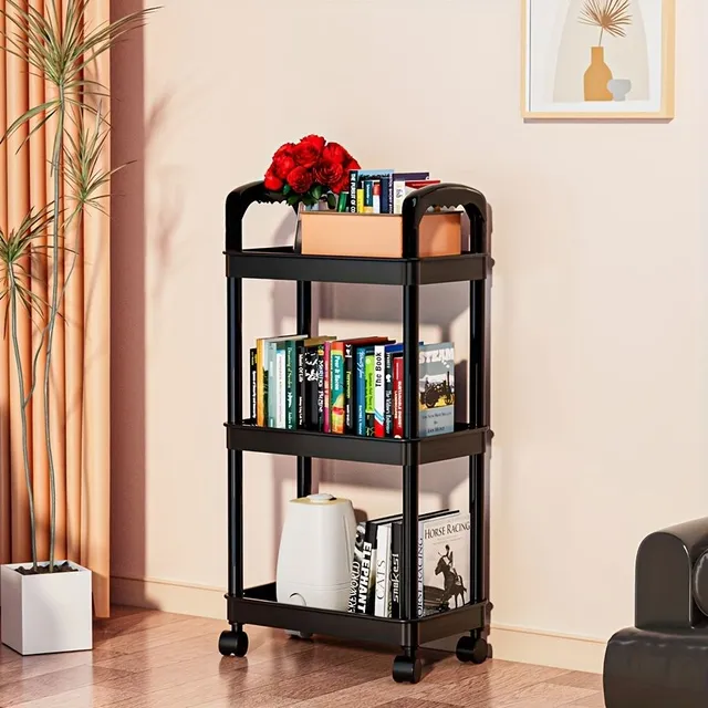 1pc Plastic Storage Cart with 3 Patrons, Riding with Handle and Wheels, Multifunctional shelf