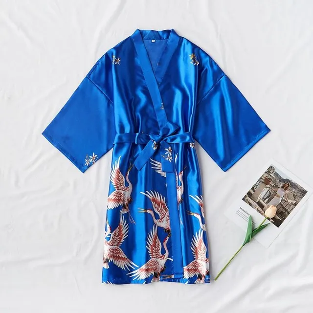 Ladies satin dressing gown with birds print royal blue S