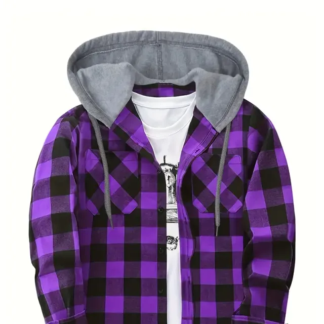 Men's plaid shirt jacket with long sleeves, hood and button closure - Regular fit