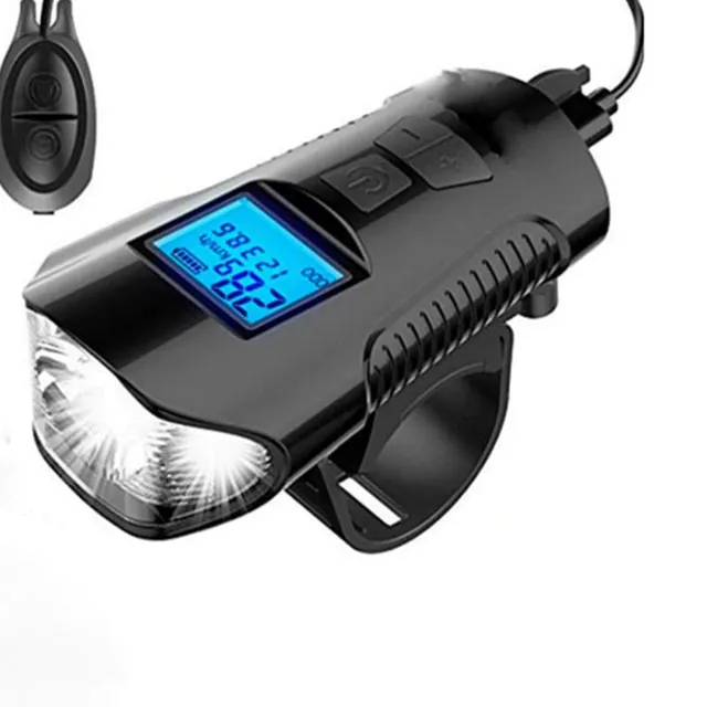 Waterproof LED bike light with USB, speedometer and electric bell