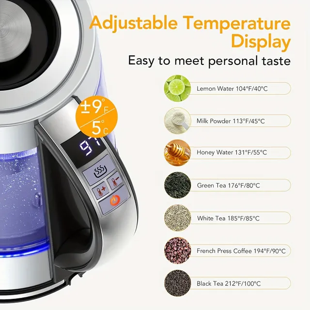 Electric kettle made of glass with 12 temperature modes and keeping temperature up to 24 hours