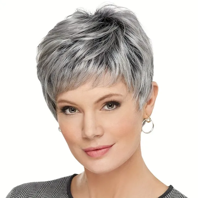 Short wig for women - natural synthetic hair with asymmetrical bangs