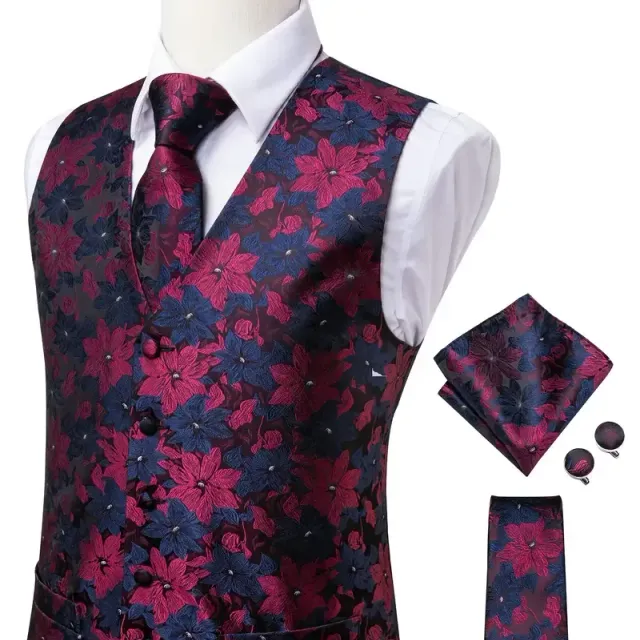 Male vintage sleeveless vest with elegant cut and floral pattern, formal set - vest, tie, cuff links and handkerchiefs