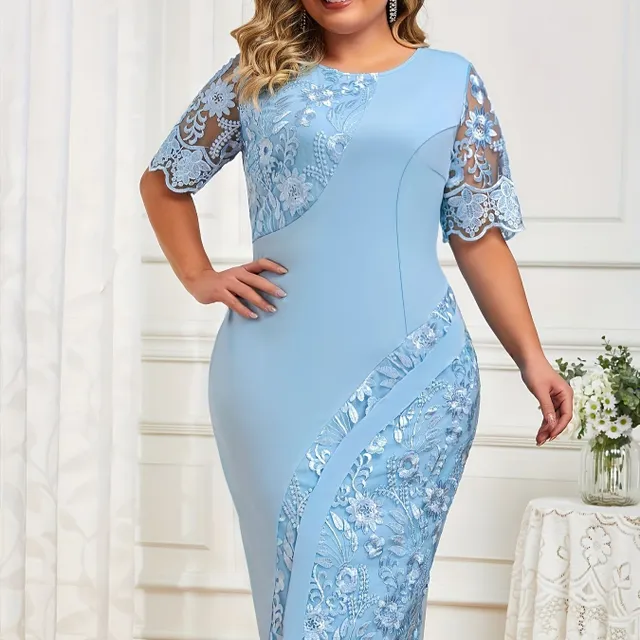 Rochie de mireasă elegantă pentru femei plinuțe: Slim Fit cu mâneci scurte, dantelă contrastantă, decolteu rotund