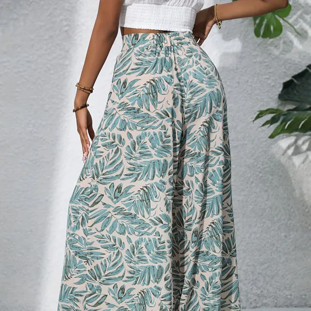 Boho Pants with Flower Pattern - Elastic Pas, Wide Nohavice, Summer