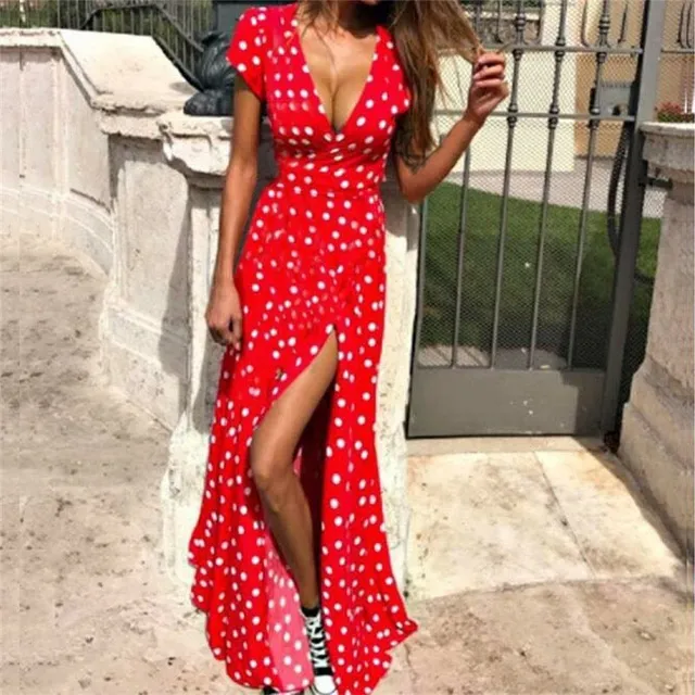 Ladies summer polka dot long boho dress with short sleeves and slit YN9051Red S