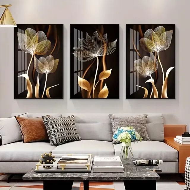 3 part abstract painting on canvas with black and gold flowers, living room decoration, 40x60 cm, no frame