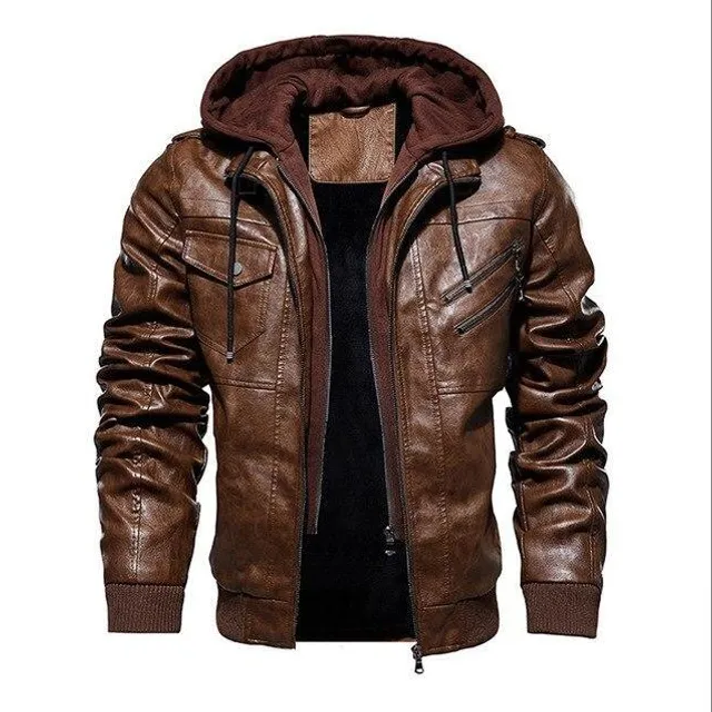 Men's leather jacket with hood