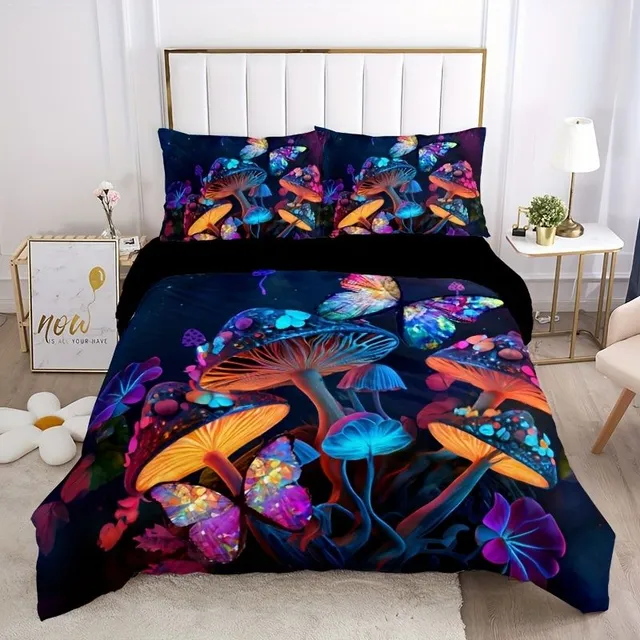 Set de lenjerie de pat respirabilă cu motiv colorat de ciuperci și fluturi - Lenjerie moale pentru dormitor și camere de oaspeți