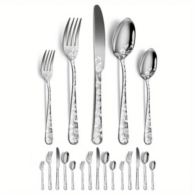 Modern stainless steel cutlery with floral pattern - for home and restaurant