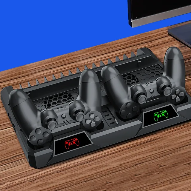 Vertical cooling stations with charging station for two PS4 drivers