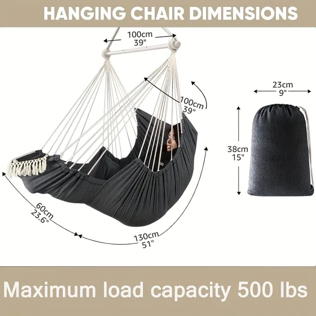 Hammock Chair Hanging Swing Foot Rest Cushions Suspension Included, Collapsible Metal Spreader Bar Pro Durability Easy Saving Soft Cotton Woven fabrics Hanging Chair Side Pocket