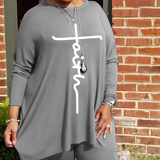 Women's two-piece set of clothes Plus Size in casual style: Long sleeve with round neckline and slightly elastic top with print letters and leggings