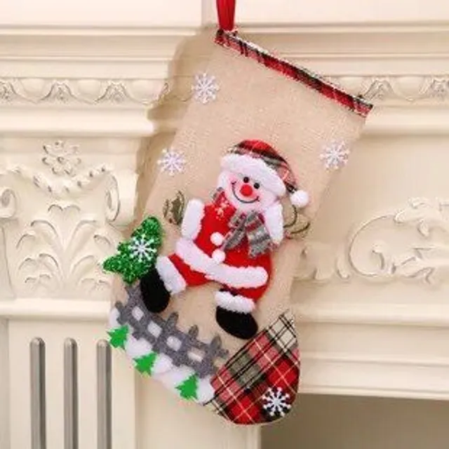 1 pc Christmas stocking with print Snowman, Santa Claus, Elka or Bear