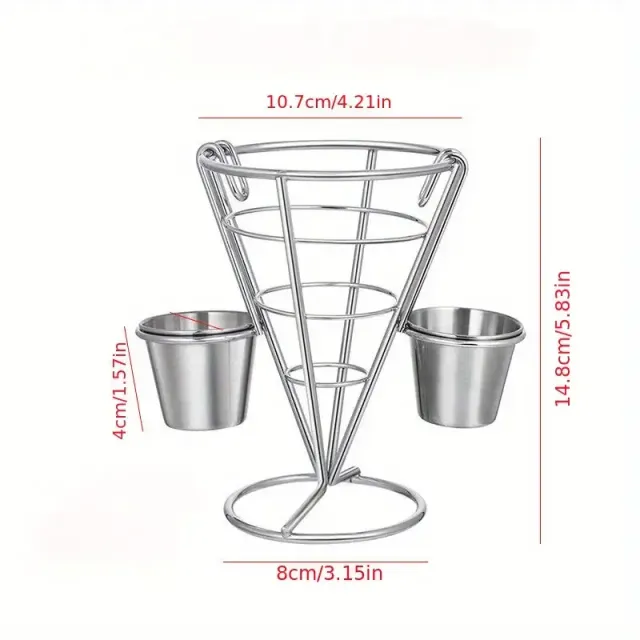 Metal serving basket for fries with 2 sauce bowls and a chicken wing basket