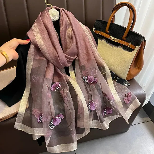 Hedvábný šátek pro ženy ve velikosti 70x190 cm s ručním vyšíváním a s květinovým potiskem