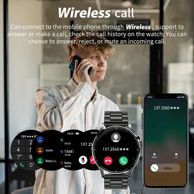 Samec inteligentné hodinky z nerezovej ocele s AI asistent, bezdrôtový hovor, prehrávanie hudby, vodotesné IP67 pre Android a iOS