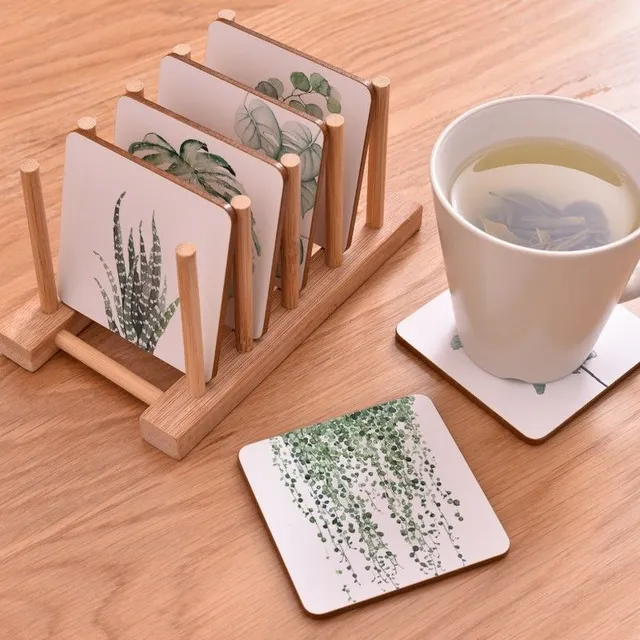 Wooden coaster with plant motif