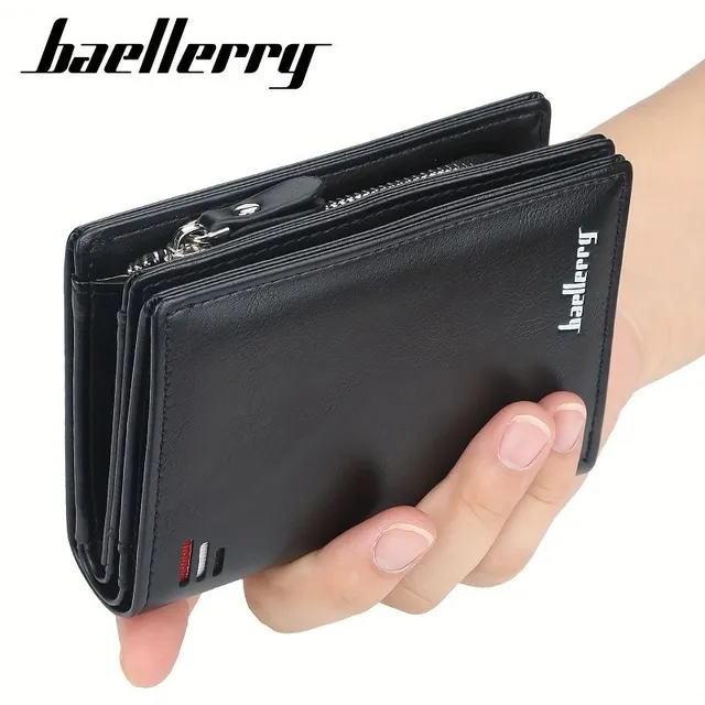 Men's retro short PU leather wallet with multiple card slots, buckle and zipper for bank cards