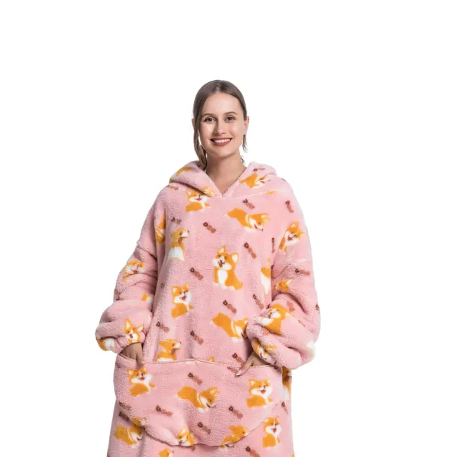 Wearable blanket with hood of stuffed animal and sherpa fleece for adults