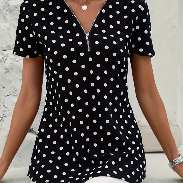 Blush with round neckline and polka dots, elegant short blouse zipper for women's clothing