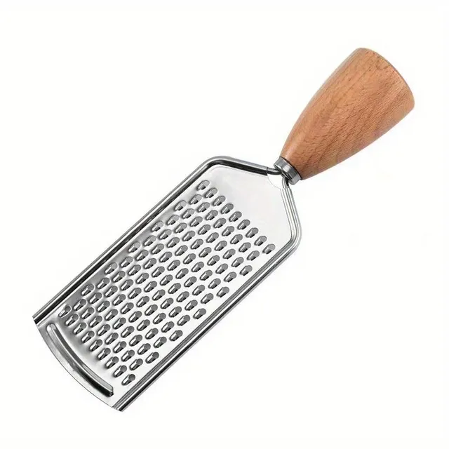 Stainless steel hand grater for food with handle made of beech wood