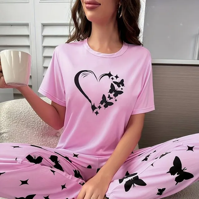 Women's sleeping and lounging kit with the printing of hearts and butterflies: comfortable short sleeve and loose long trousers