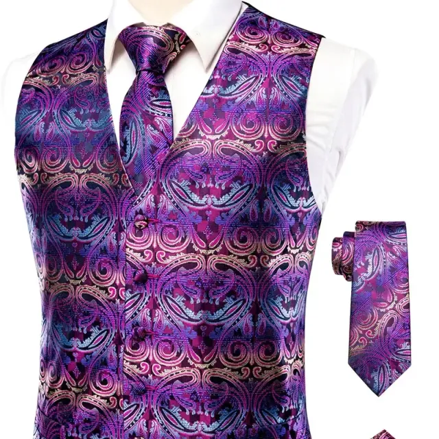 Male vintage sleeveless vest with elegant cut and floral pattern, formal set - vest, tie, cuff links and handkerchiefs