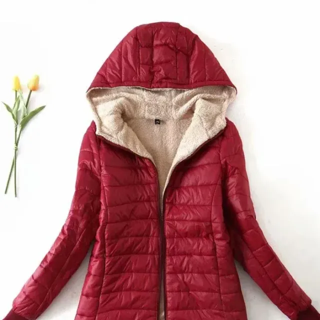 Women's winter middle-length Korean coat with hood and fleece lining made of cotton