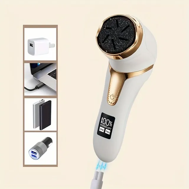 Electric foot file with suction to remove hardened skin with 3 adapters and 2 speeds, LCD display