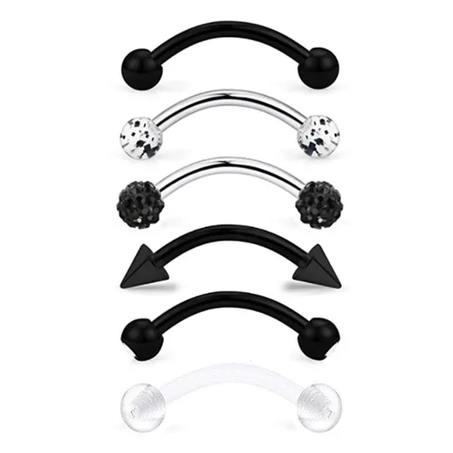 Colourful curved eyebrow piercing with spikes and ball - set of 6