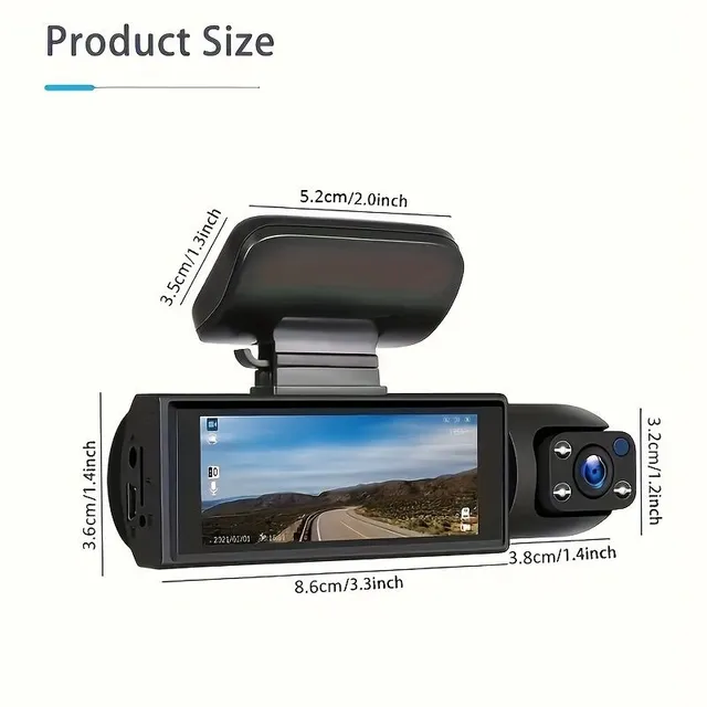 Autokamera přední a vnitřní, 8,03 cm, 1080P, G senzor, HD noční vidění, cyklické nahrávání, široký úhel - DVR do auta