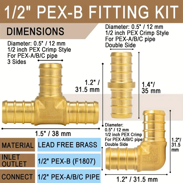 30ks PEX Fitinky 1/2 palca 10ks Direct Clutch, 10ks Knee, 10ks Tee Neolovnaté Brass, Krimping PEX-B (ASTM F1807) Konektor Fit 1/2 palca PEX-A/B/C Tube