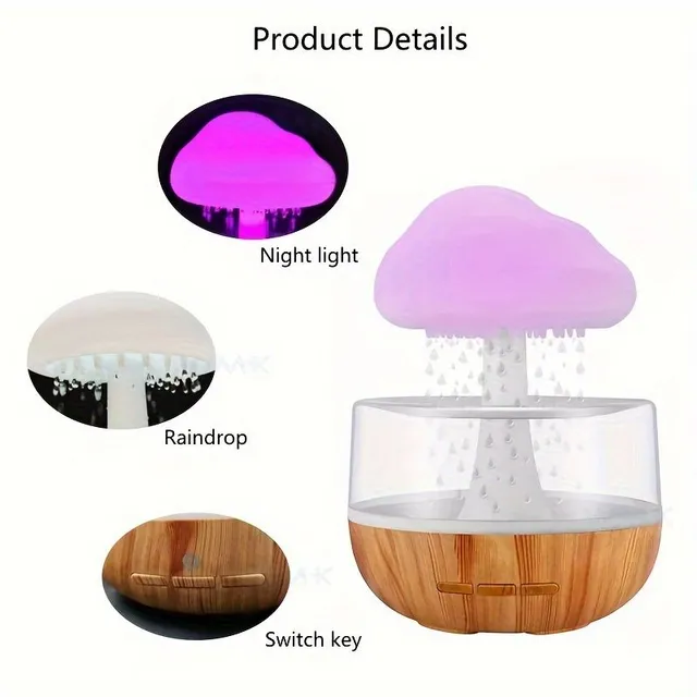 Lampă umidificatoare cu formă de nor ploios colorat, lampă de somn cu atmosferă, difuzor de aromaterapie Raindrop Cloud Mushroom 7 culori lumină