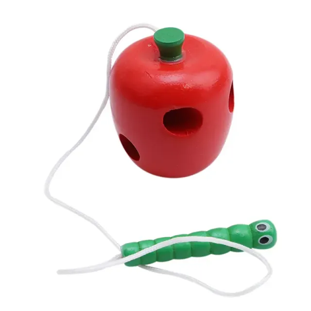Zábavná dřevěná hračka ve tvaru ovoce s červem na šnurce pro trénink smyslů